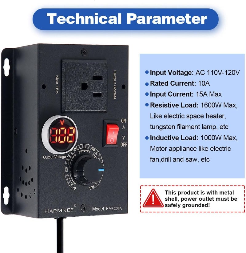 HARMNEE AC Motor Speed Controller 110-120V / 10A Rated / 15A Max, Fan Speed Control AC Electronic Voltage Regulator with Black-Coated Matt Metal Shell & Voltage LED Display Screen - Image 3